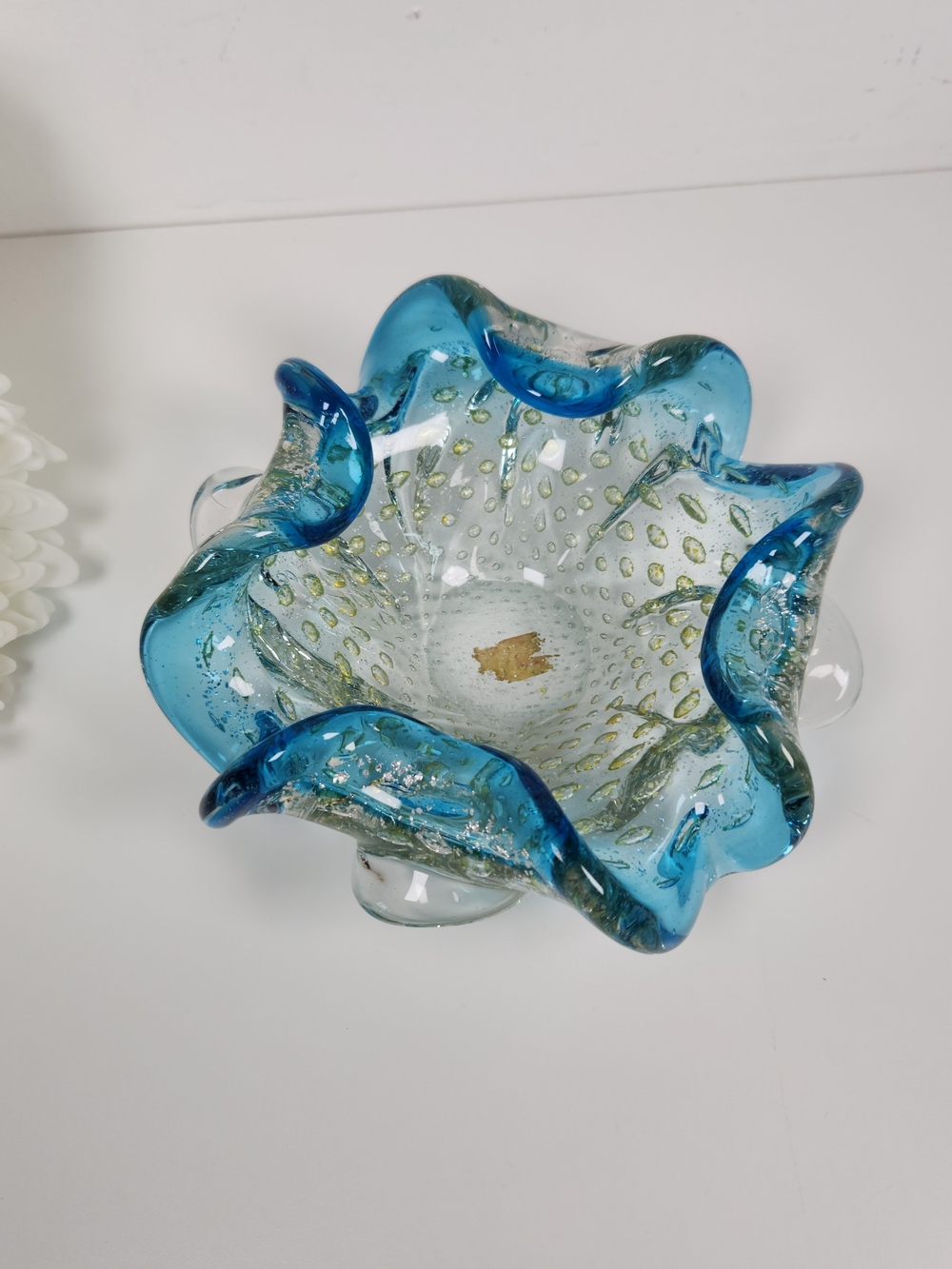 Vintage Murano Style Bubble Glass Bowl, Aqua Blue Gold Flecks | Retro Ashtray